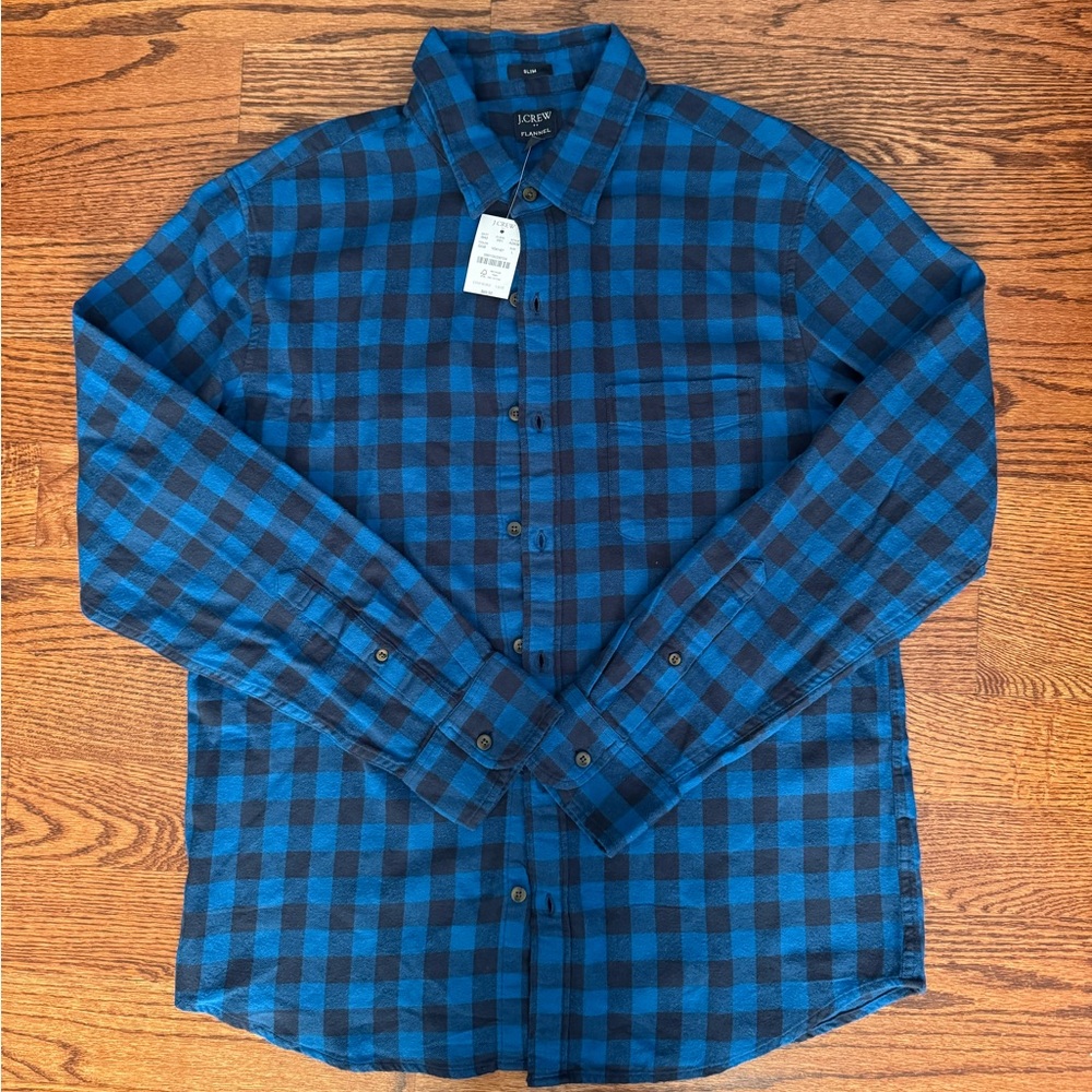 J Crew Slim Fit Flannel - Black and Blue Checkered - Size Large
